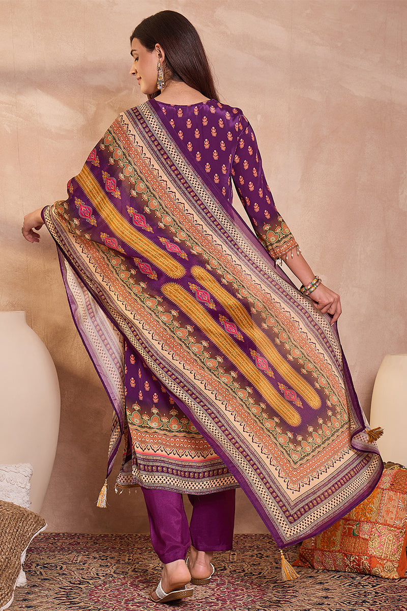 Purple Viscose Rayon Embroidered Kurta Trouser With Dupatta  HPKSKD2805