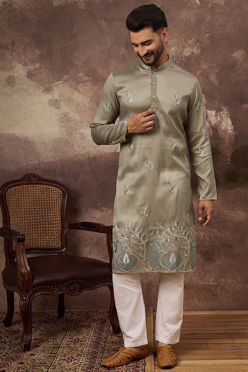 Green Silk Blend Solid Embroidered Straight Kurta with Trouser MKSET1345