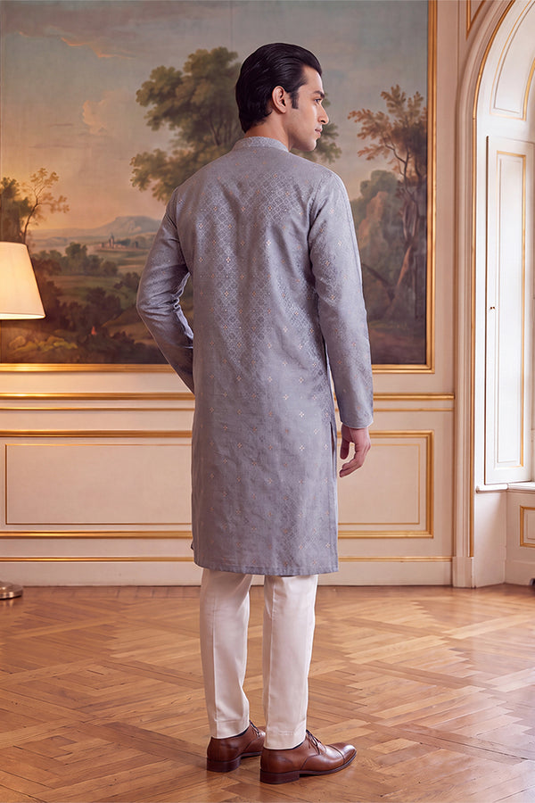 Grey Jacquard Ethnic Motifs Woven Design Kurta With Trouser MKSET2642