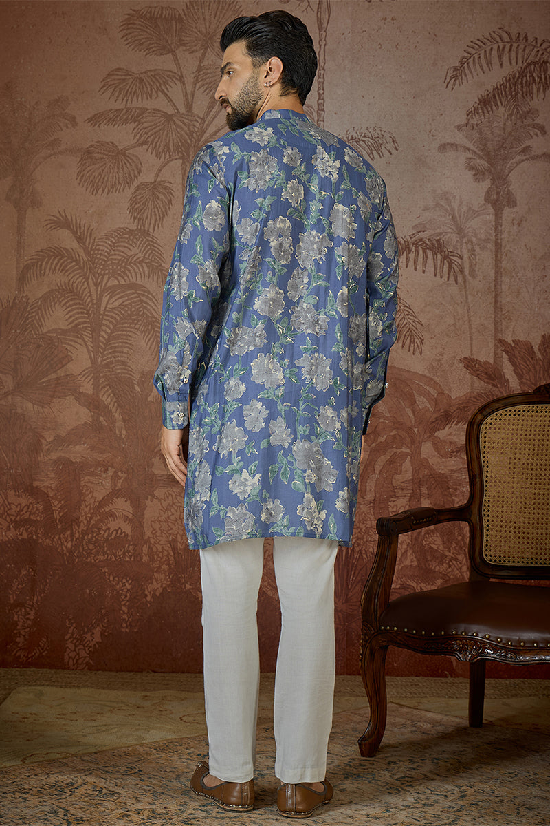 Blue Silk Blend Floral Printed Kurta MKU2567