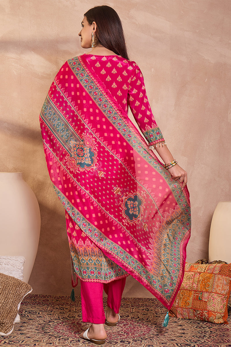 Pink Viscose Rayon Embroidered Kurta Trouser With Dupatta  HPKSKD2789