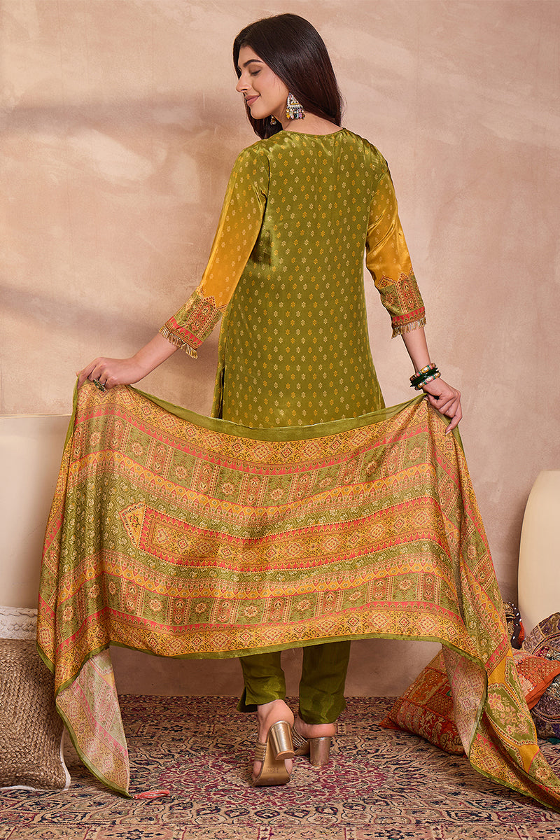 Olive Green Viscose Rayon Embroidered Kurta Trouser With Dupatta HPKSKD2786