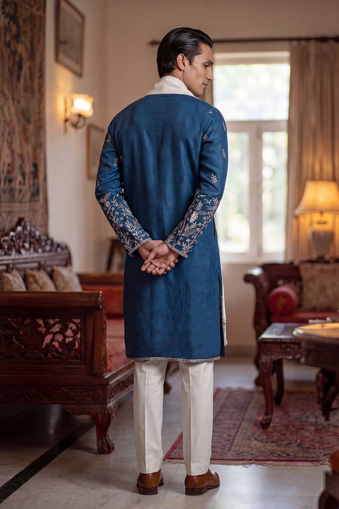 Blue Chanderi Silk Solid Embroidered Straight Kurta Trouser with Dupatta MKPD1315