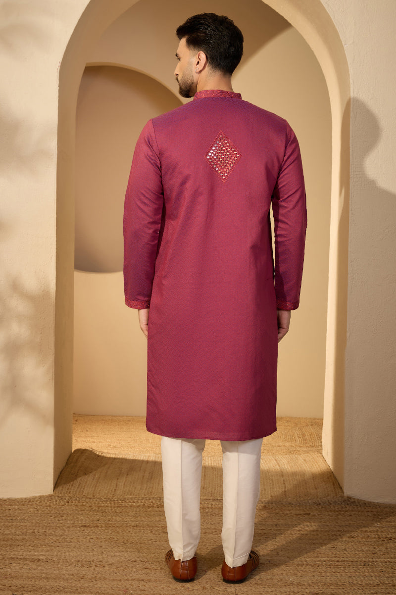 Fuchsia Jacquard Solid Embroidered Mandarin Collar Kurta MKU2720