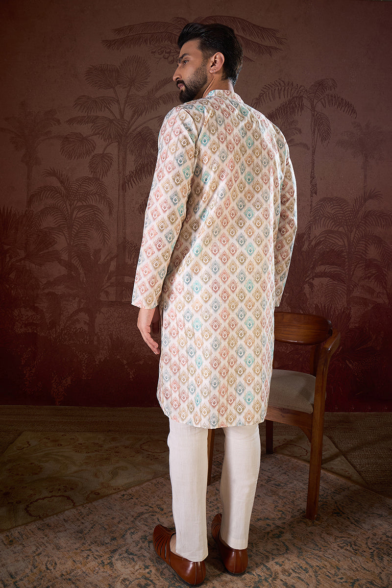 White Silk Blend Ethnic Motifs Printed Straight Kurta MKU1924