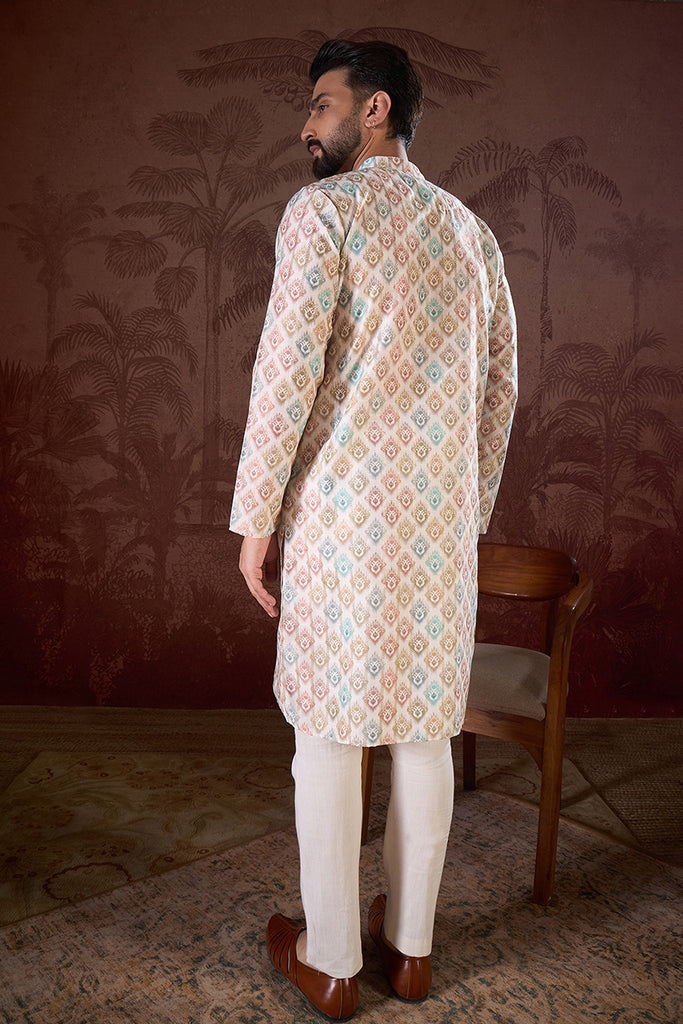 White Silk Blend Ethnic Motifs Printed Straight Kurta MKU1924