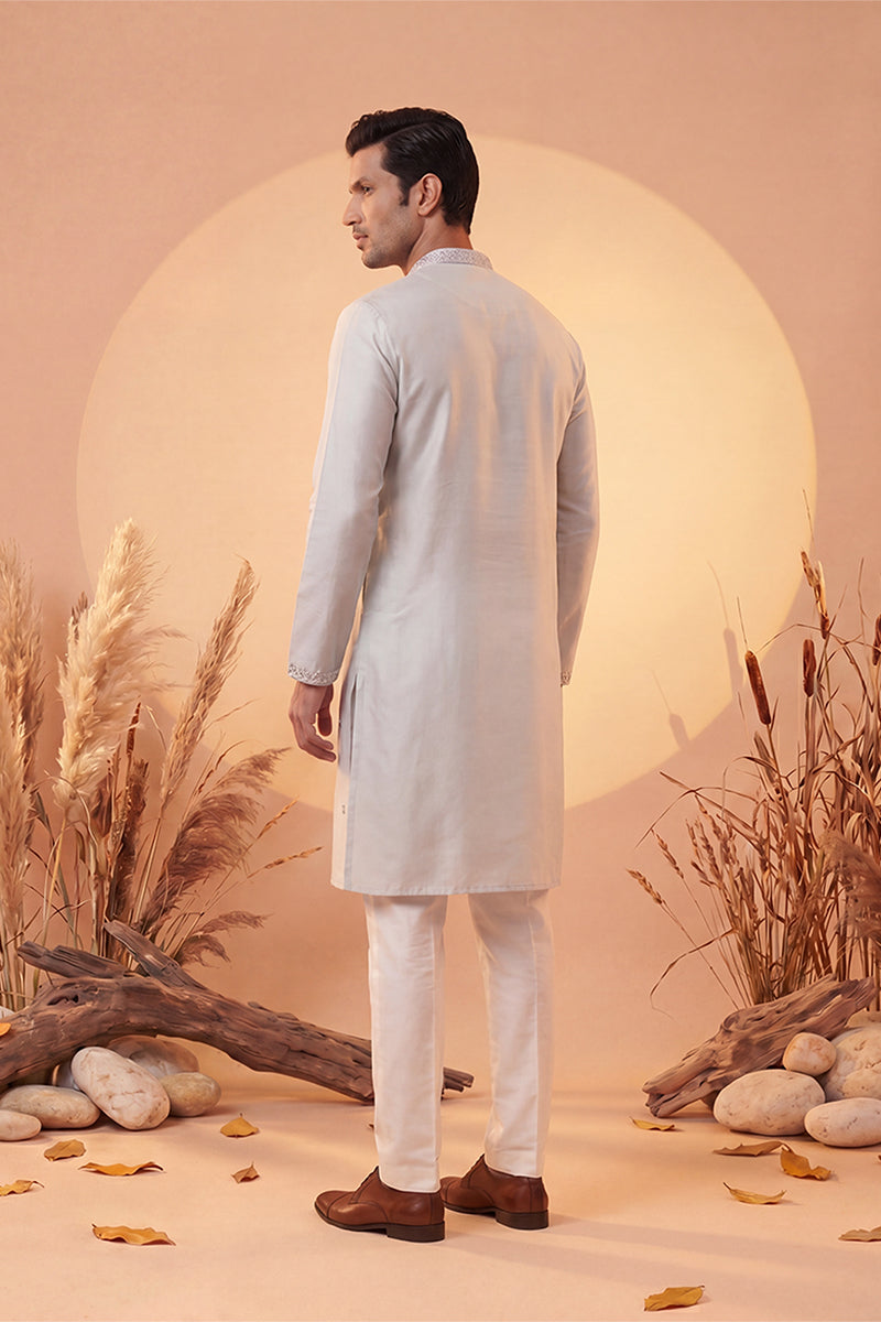Grey Silk Blend Solid Emboidered Sequins Kurta MKU2280