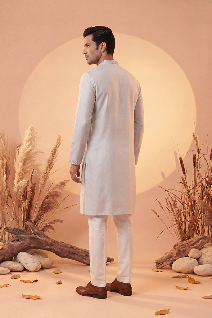 Grey Silk Blend Solid Emboidered Sequins Kurta MKU2280
