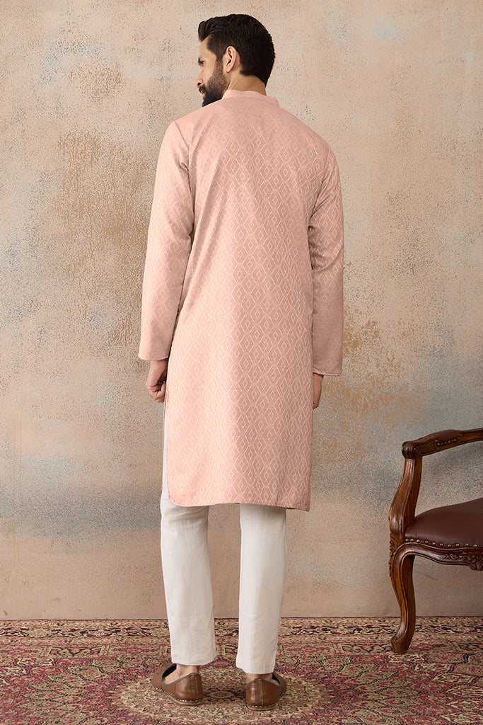 Peach Linen Blend Geometric Woven Design Kurta With Trouser MKSET2364