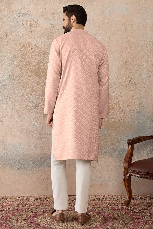 Peach Linen Blend Geometric Woven Design Kurta With Trouser MKSET2364
