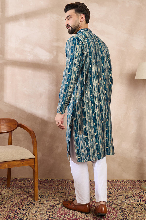 Turquoise Blue Silk Blend Abstract Printed Straight Kurta With Trouser MKSET2005