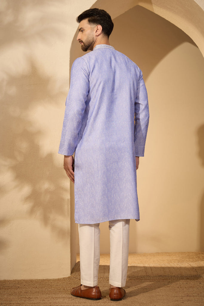 Blue Jacquard Woven Design Mandarin Collar Kurta MKU2777
