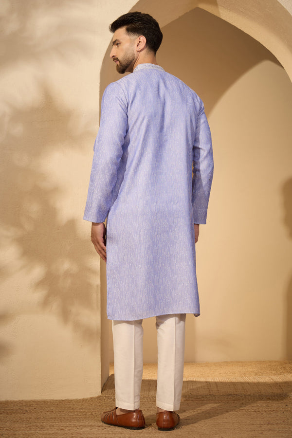 Blue Jacquard Woven Design Mandarin Collar Kurta MKU2777
