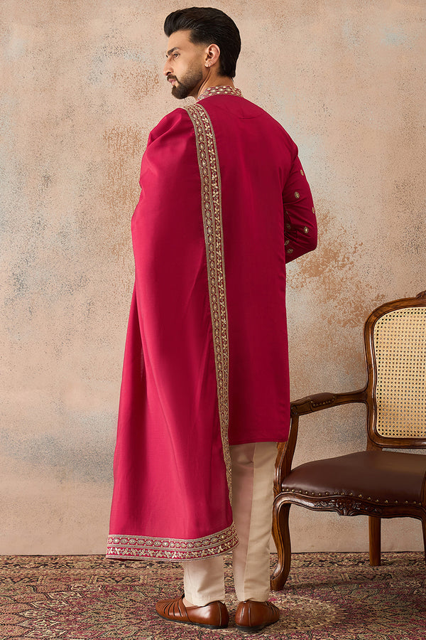 Pink Silk Blend Solid Embroidered Kurta With Dupatta MKUD1030