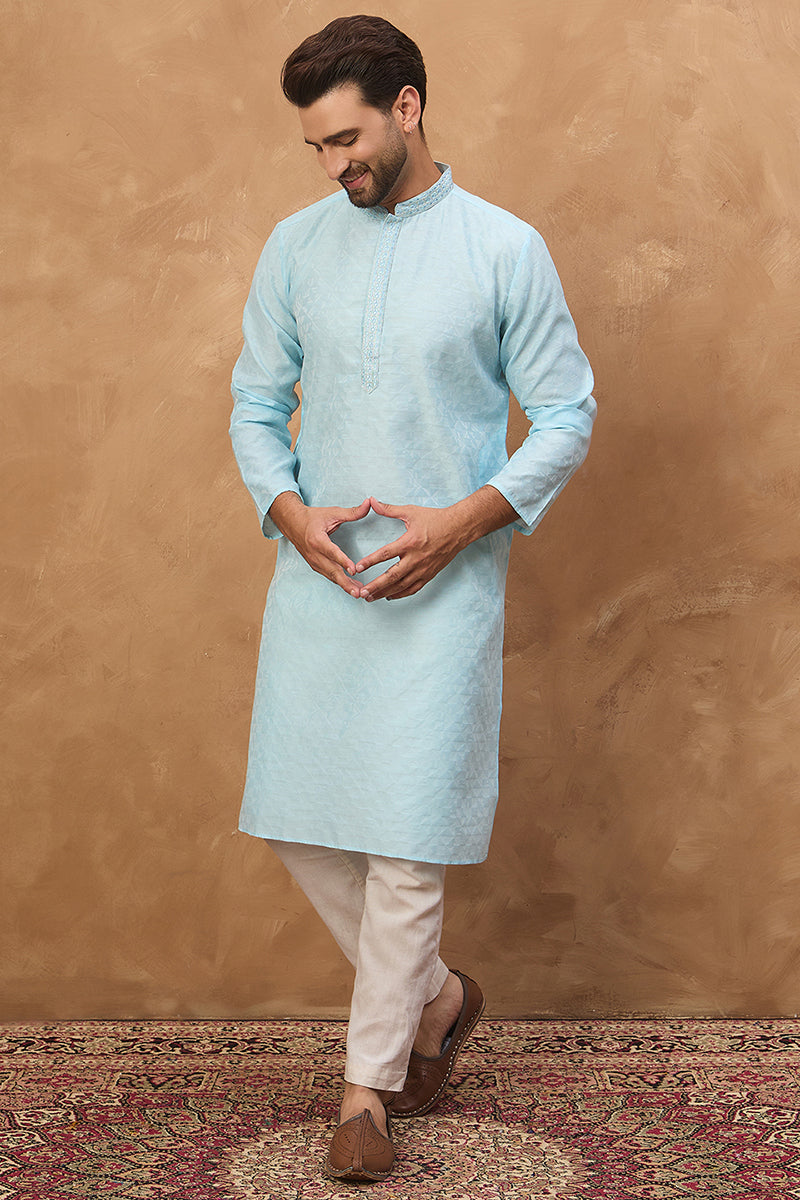 Blue Silk Blend Solid Embroidered Straight Kurta MKU1452