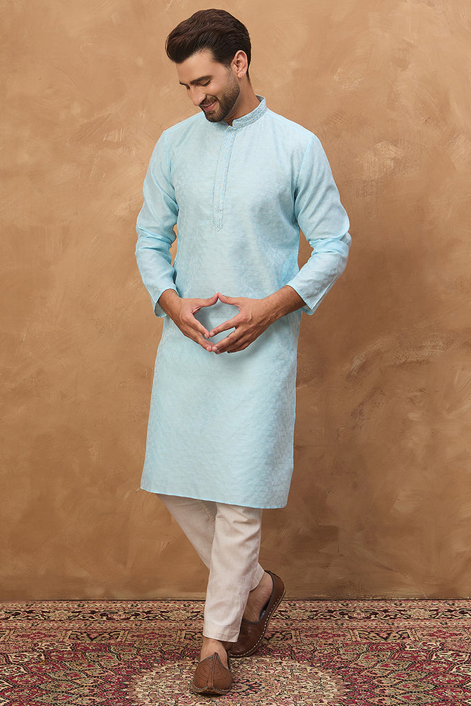Blue Silk Blend Solid Embroidered Straight Kurta MKU1452