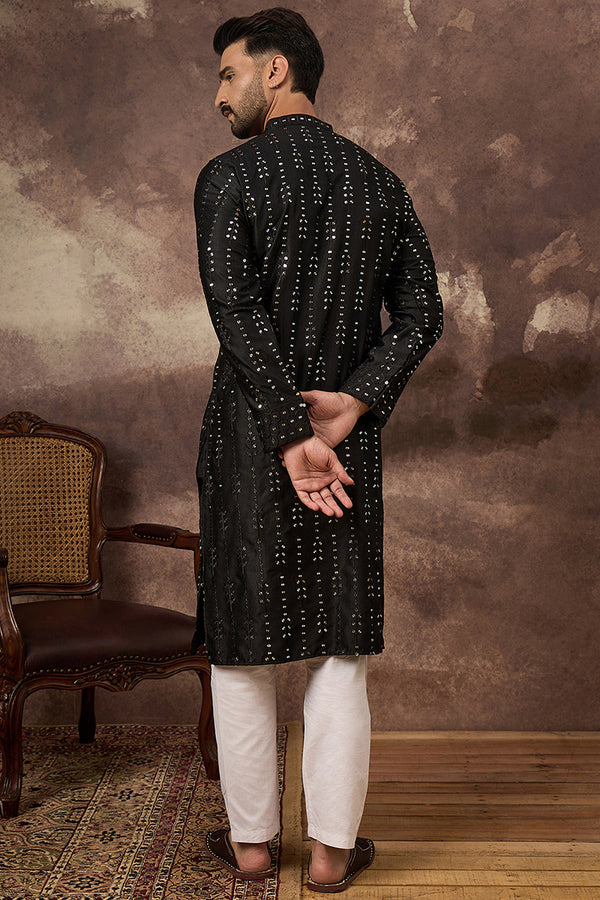 Black Silk Blend Solid Embroidered Straight Kurta With Pant Set MKSET1360