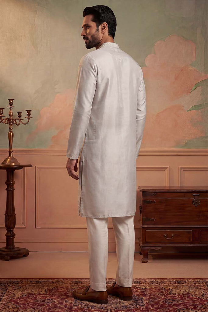 Silk Blend Silver Solid Embroidered Calf Length Straight Kurta With Trousers MKSET2273