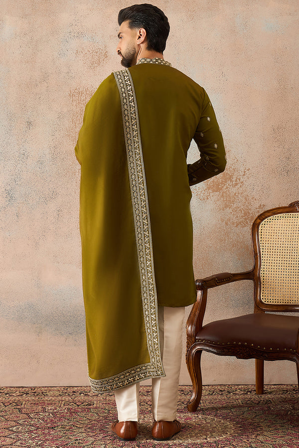 Green Silk Blend Solid Embroidered Kurta With Dupatta MKUD1031