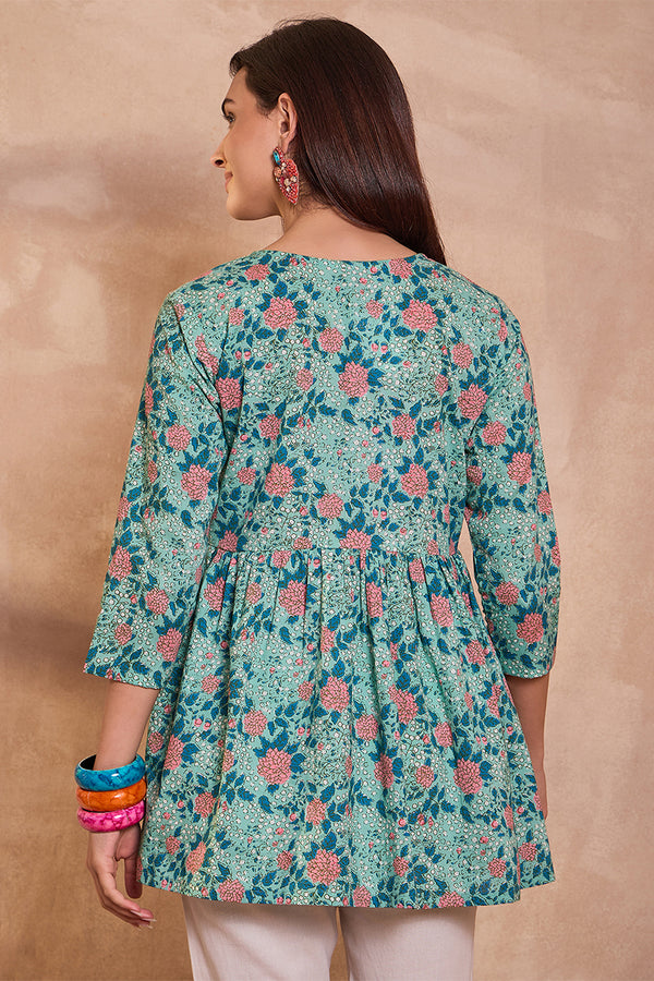 Cotton Blend Blue Floral Regular Tops VT1332