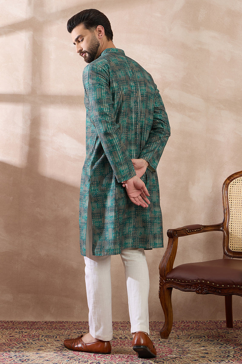 Green Silk Blend Printed Mandarin Collar Straight Kurta MKU2021
