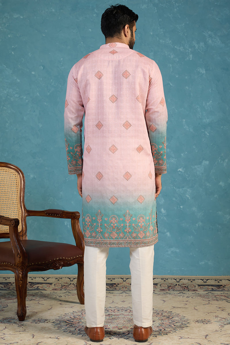 Peach Silk Blend Woven Design Calf Length Straight Regular Kurta With Trouser MKSET2348