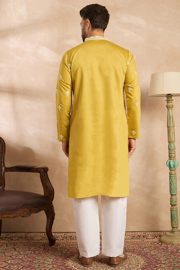 Yellow Polyester Solid Embroidered Straight Kurta With Trouser MKSET1809