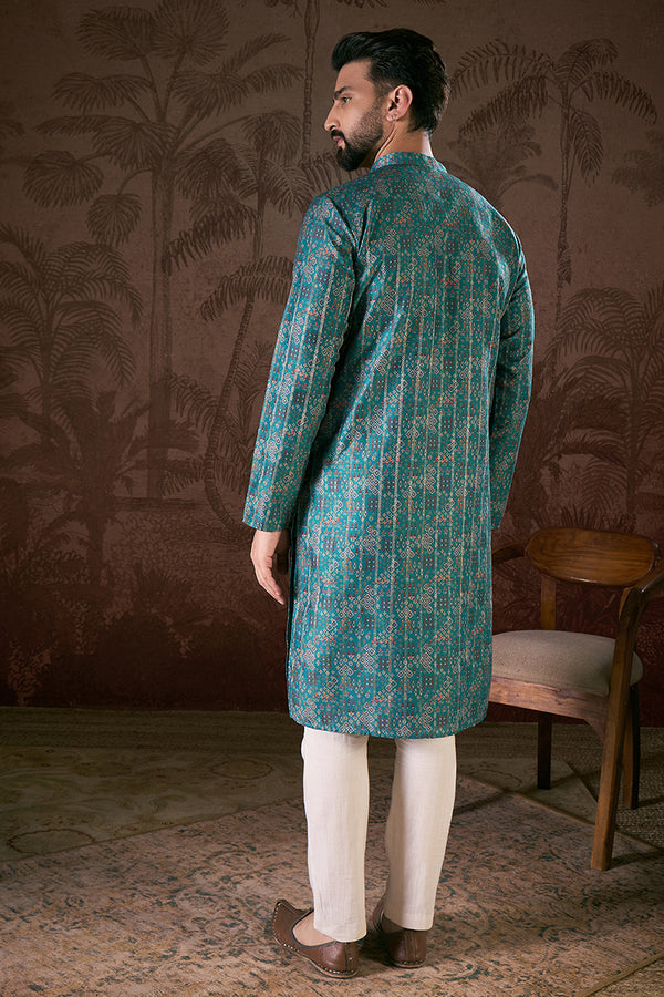 Blue Silk Blend Ethnic Motifs Printed Straight Kurta MKU1906