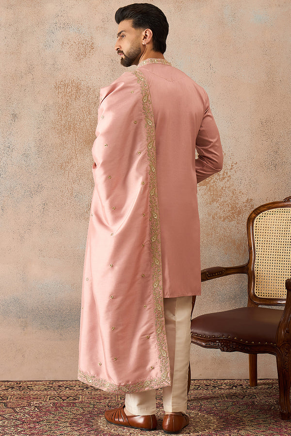Pink Zari Embroidered Silk Blend Kurta with Dupatta MKUD1045