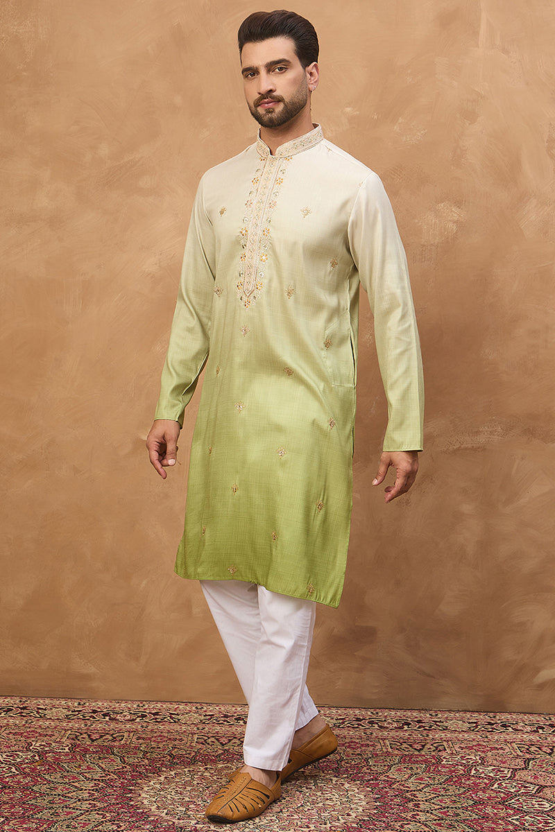 Green Silk Blend Solid Embroidered Straight Kurta MKU1488