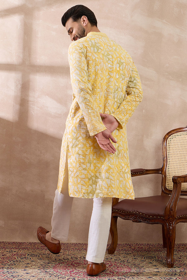 Yellow Viscose Rayon Printed Mandarin Collar Straight Kurta MKU1657