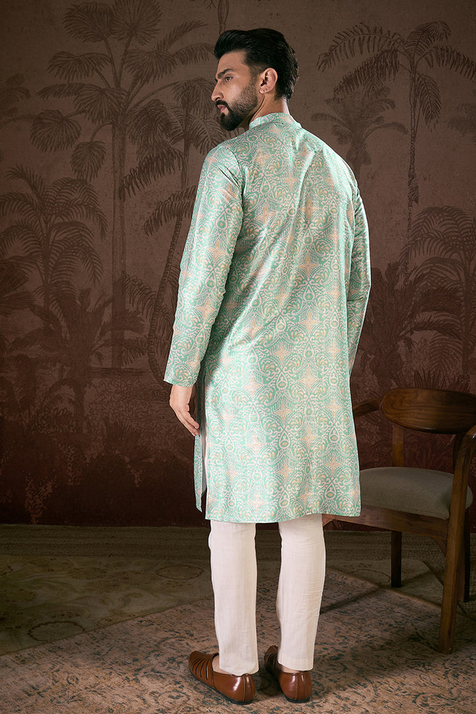 Turquoise Blue Silk Blend Abstract Printed Straight Kurta With Trouser MKSET1967