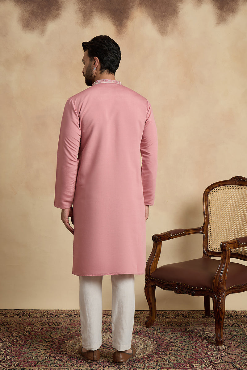 Pink Silk Blend Solid Embroidered Straight Kurta With Trouser MKSET2526