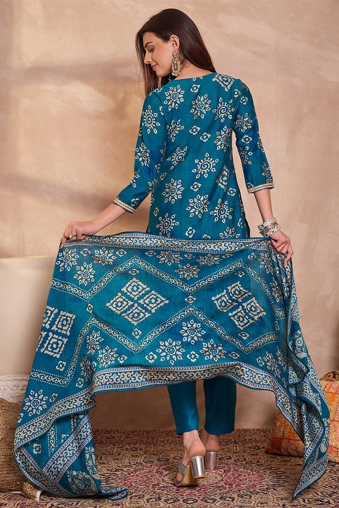 Blue Silk Blend Floral Printed Straight Regular Kurta Set PKSKD3226