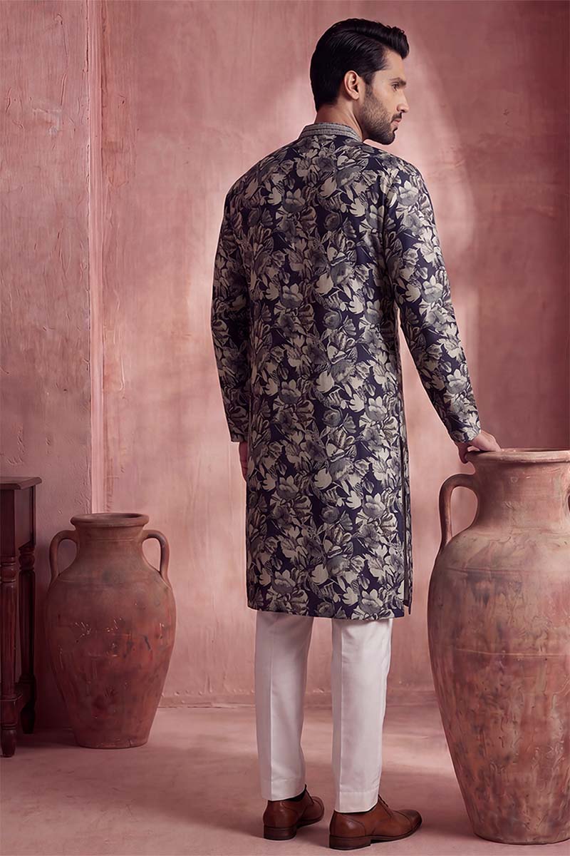 Blue Viscose Rayon Floral Printed Kurta With Trousers MKSET1982