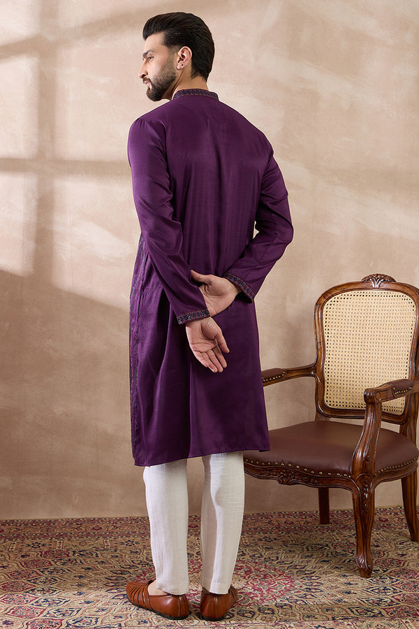 Purple Silk Blend Embroidered Mandarin Collar Straight Kurta With Trouser MKSET2038