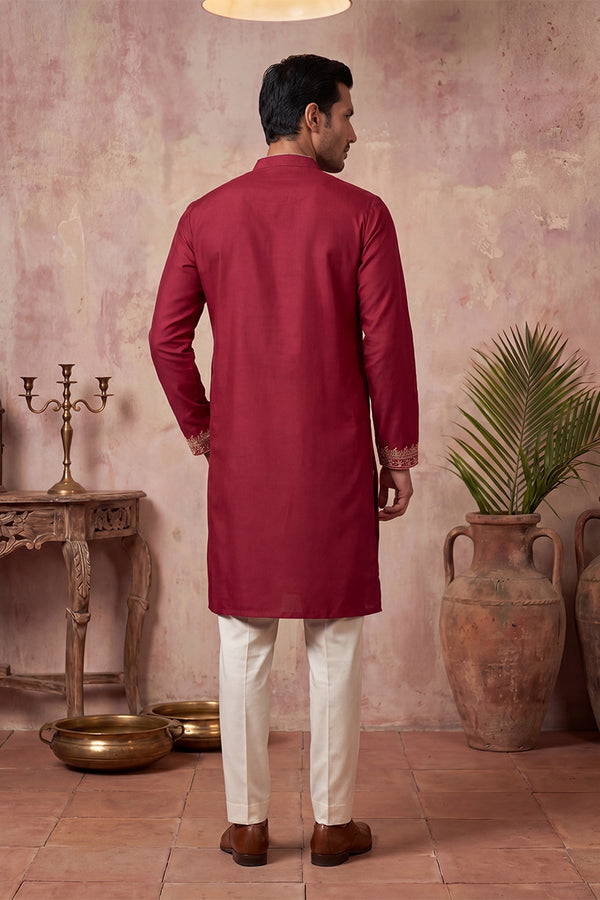 Red Silk Blend Solid Emboidered Straight Kurta With Trouser MKSET2314