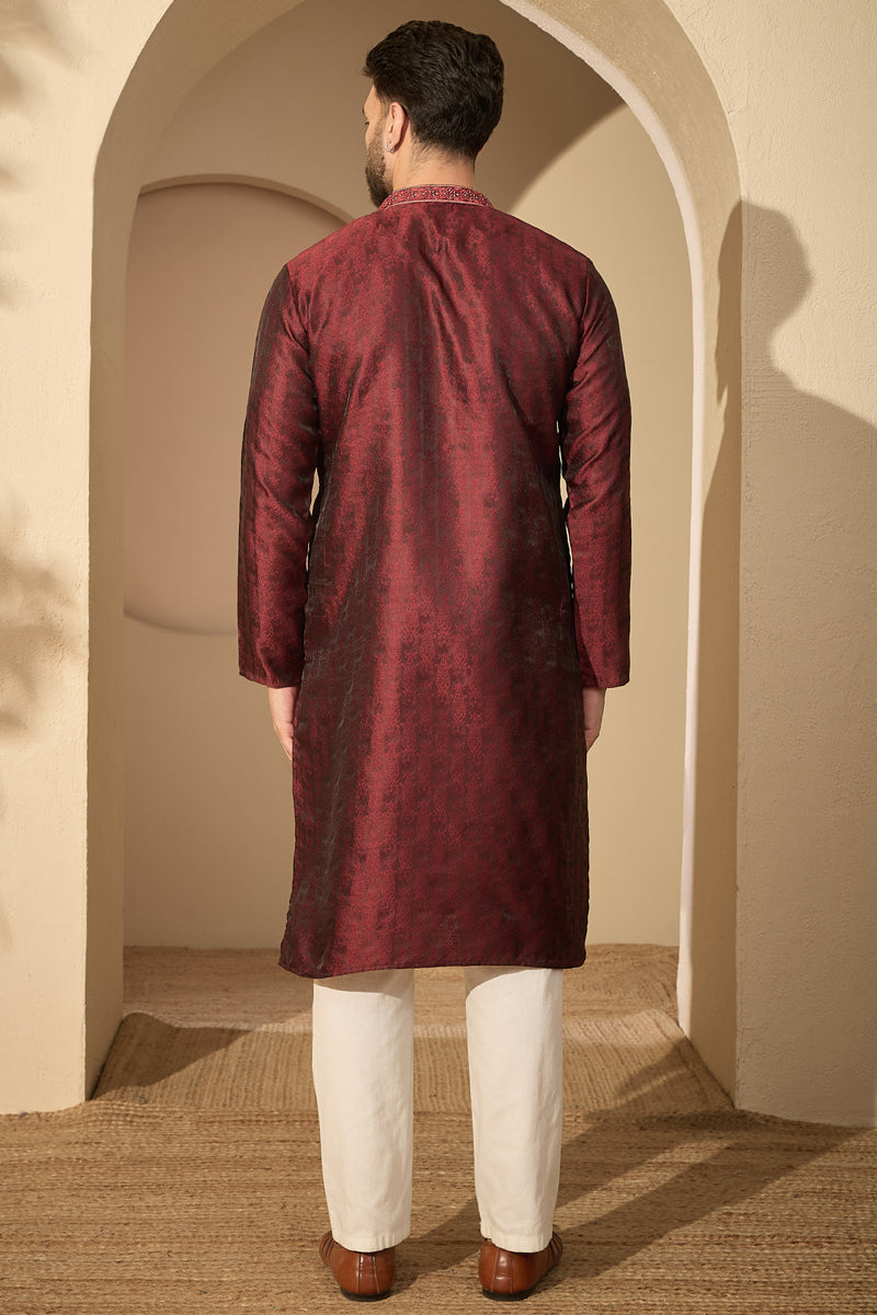 Maroon Jacquard Solid Embroidered Mandarin Collar Kurta With Trouser MKSET2744