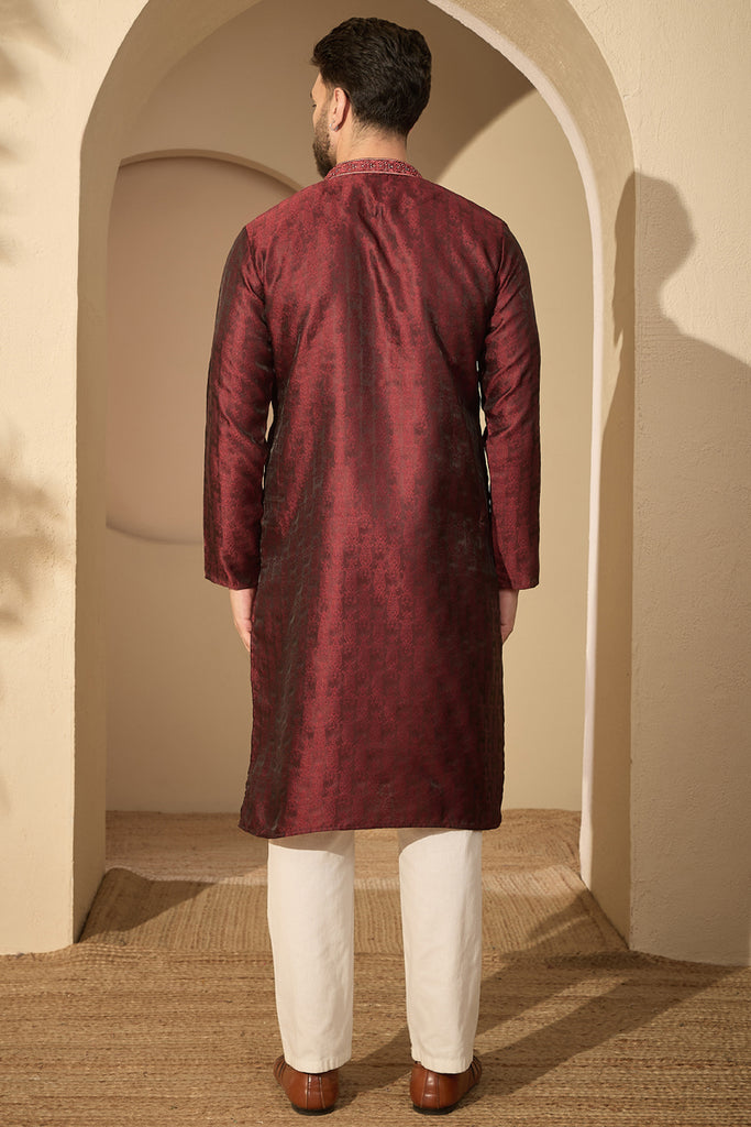 Maroon Jacquard Solid Embroidered Mandarin Collar Kurta With Trouser MKSET2744