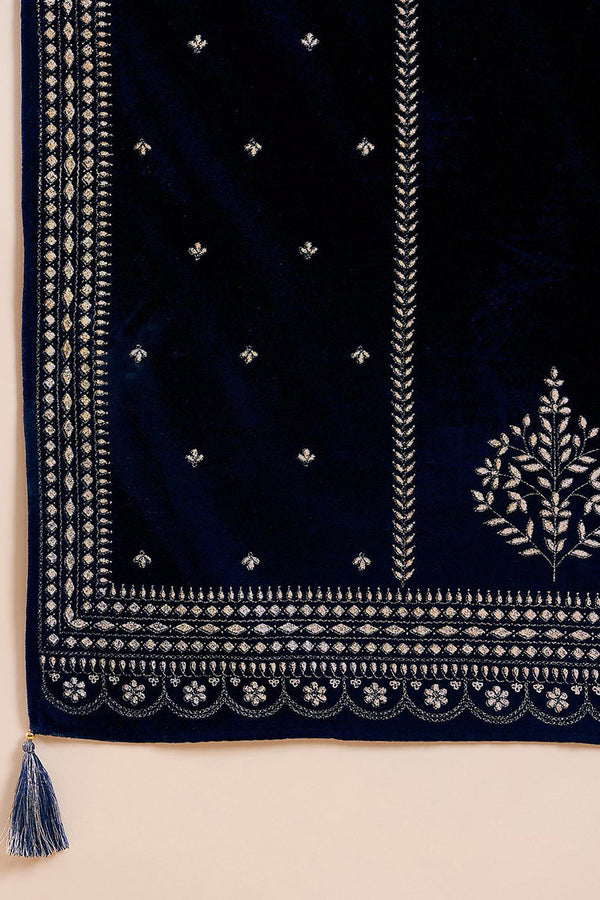 Blue Velvet Ethnic Motifs Printed Straight Trousers Suit Set PKSKD2886