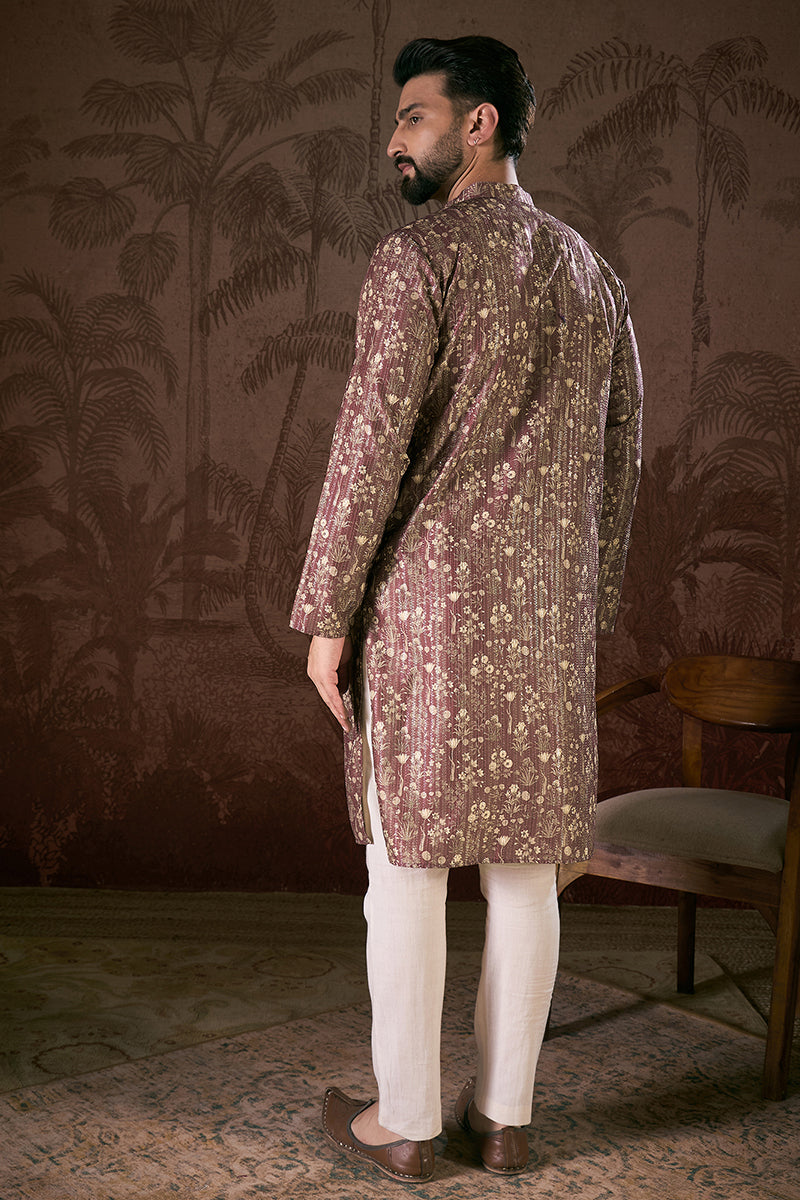 Mauve Silk Blend Floral Printed Straight Kurta With Trouser MKSET1932