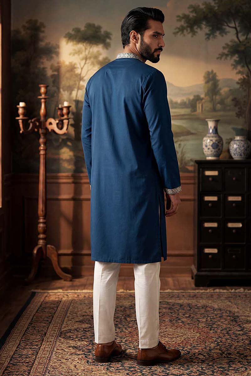 Silk Blend Blue Solid Embroidered Calf Length Straight Kurta MKU2099