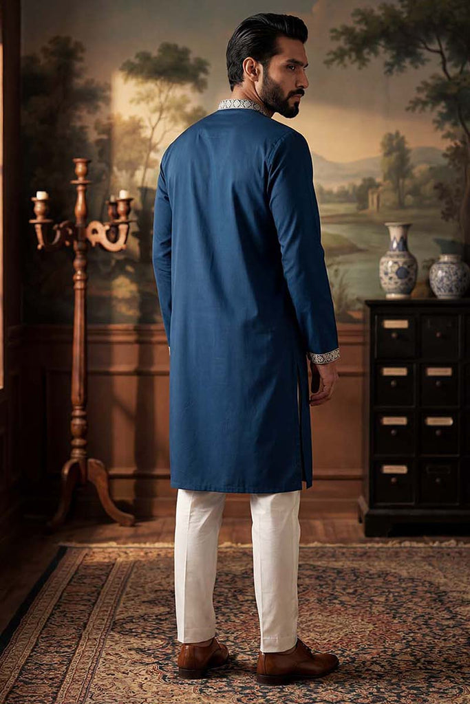 Silk Blend Blue Solid Embroidered Calf Length Straight Kurta MKU2099