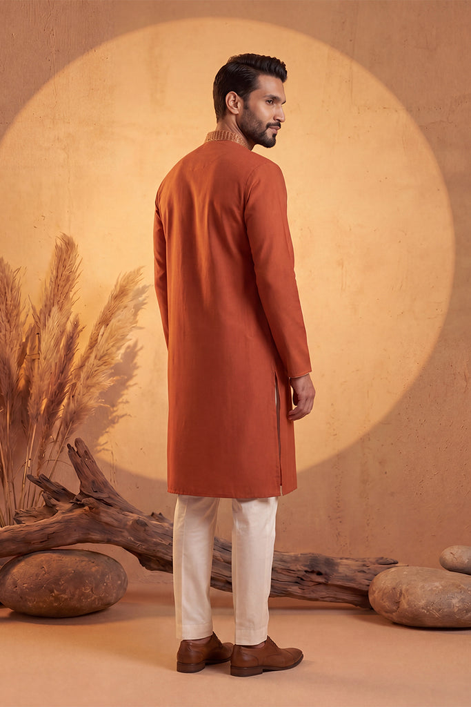 Orange Silk Blend Solid Emboidered Straight Kurta MKU2372
