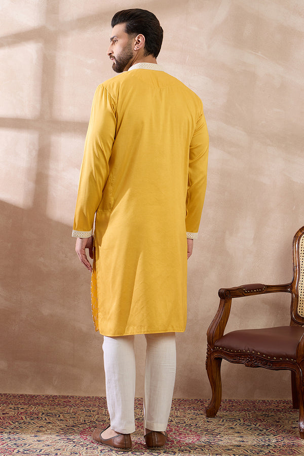 Yellow Silk Blend Embroidered Mandarin Collar Straight Kurta With Trouser MKSET1691