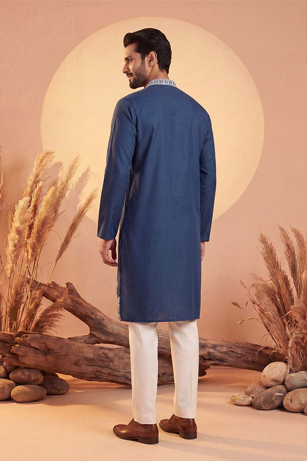 Silk Blend Blue Solid Embroidered Calf Length Straight Kurta MKU2274