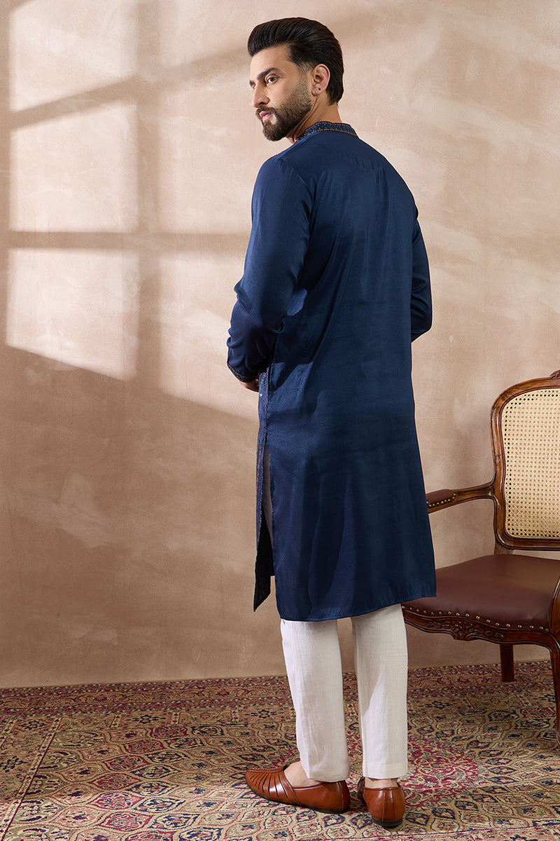 Navy Blue Silk Blend Embroidered Mandarin Collar Straight Kurta With Trouser MKSET2040