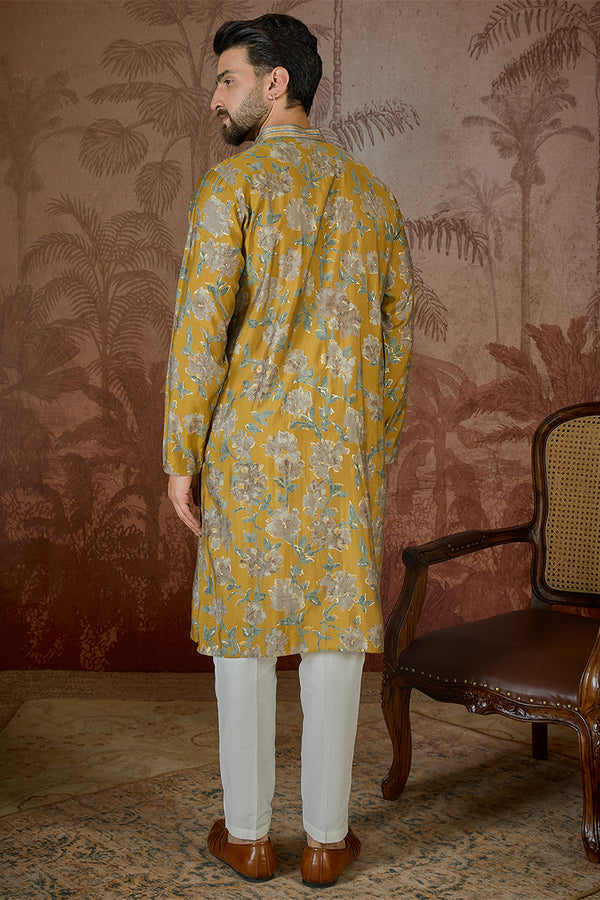 Mustard Silk Blend Floral Embroidered Kurta With Trouser MKSET2505