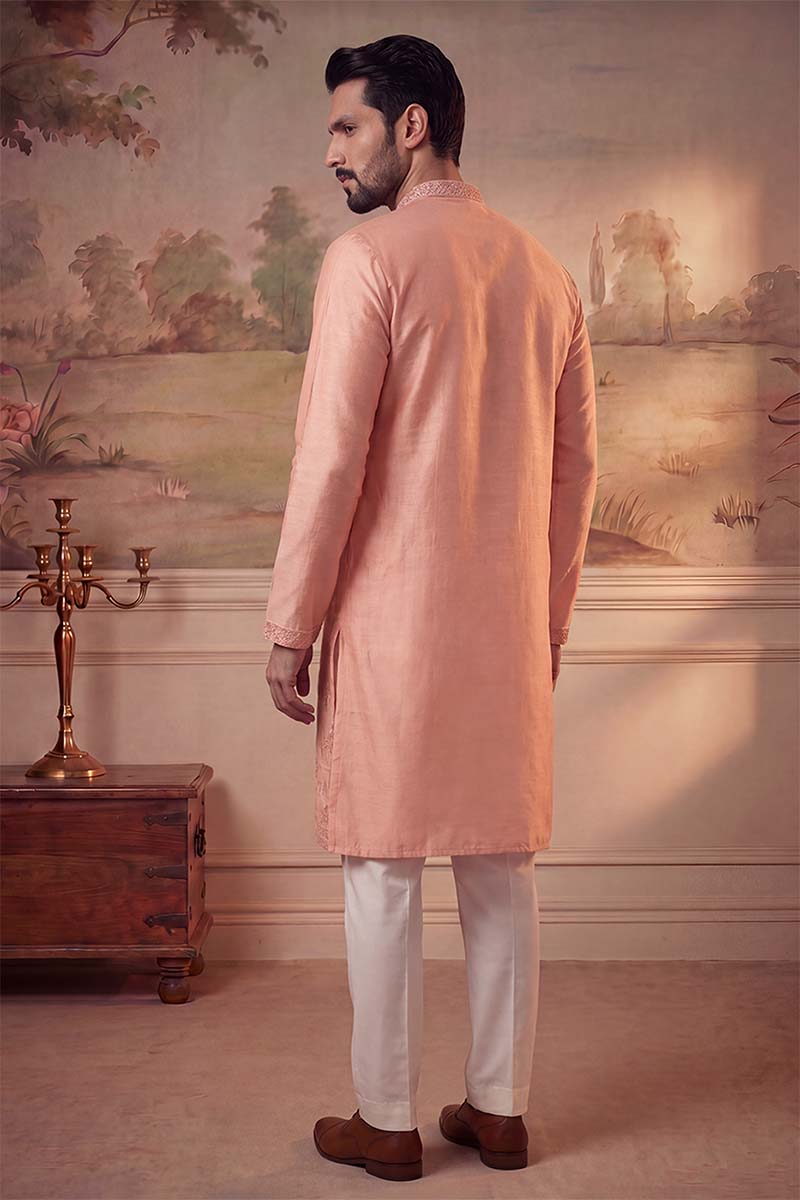 Peach Viscose Rayon Solid Embroidered Kurta MKU2092