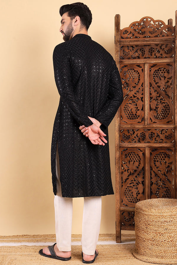 Black Viscose Rayon Solid Embroidered Straight Kurta For Men MKU1011BLK